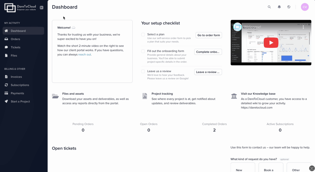 DareToCloud client portal dashboard with orders, tickets and files