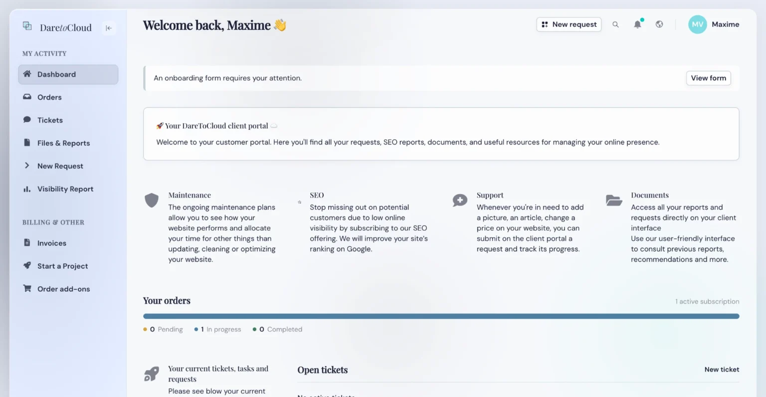 DareToCloud client portal dashboard: maintenance, SEO, support, documents and orders